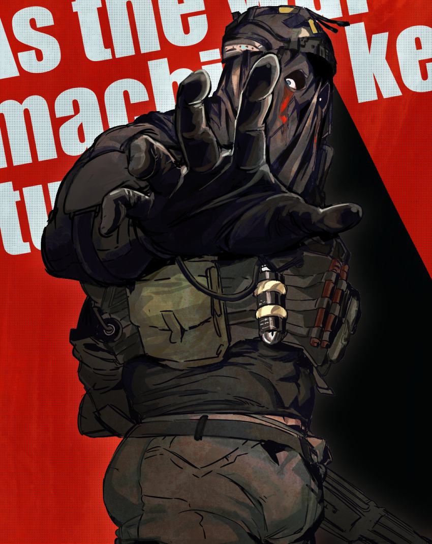 1boy, belt, black_belt, black_gloves, black_jacket, black_pants, blackcatlandr, bulletproof_vest