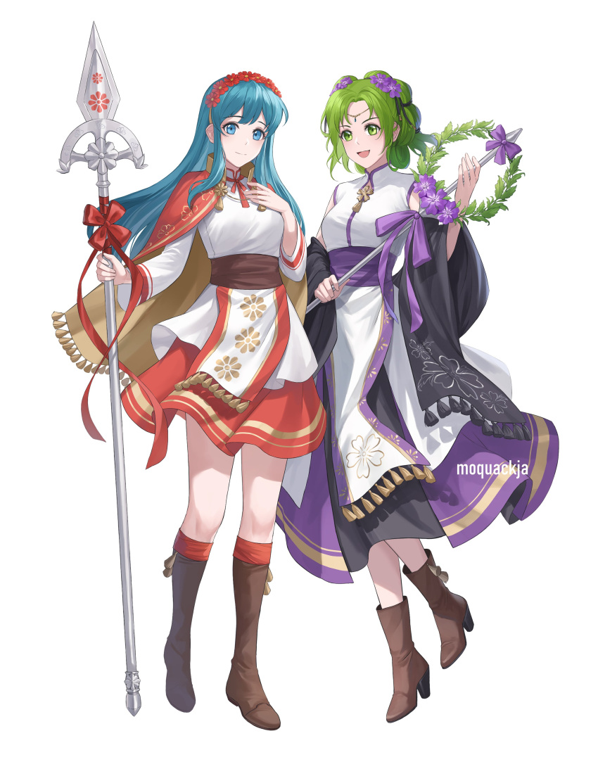 2girls, :d, absurdres, aqua_hair, artist_name, blue_eyes, blue_hair, boots