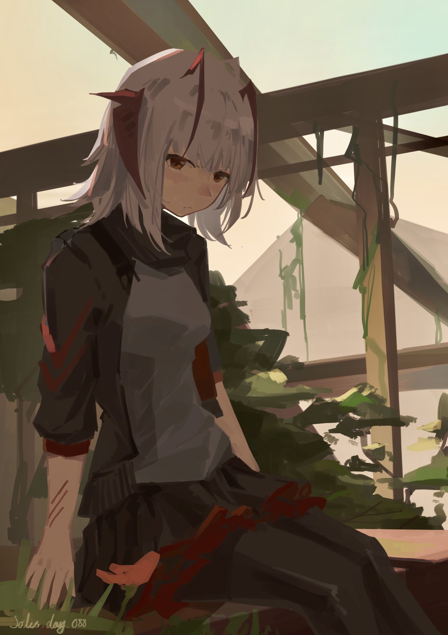 1girl, 1solis000, arknights, black_jacket, black_pantyhose, black_skirt, breasts, brown_eyes