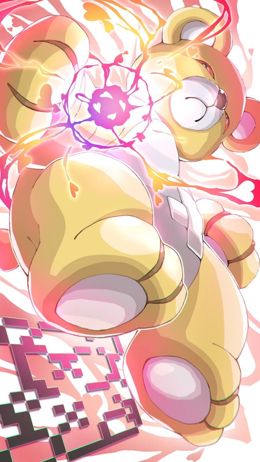 absurdres, bandaid_on_stomach, colored_sclera, digimon, digimon_(creature), energy_ball, heart, highres, looking_at_viewer, monzaemon, no_humans, red_sclera, stuffed_animal, stuffed_toy, tartarte_tatin, teddy_bear