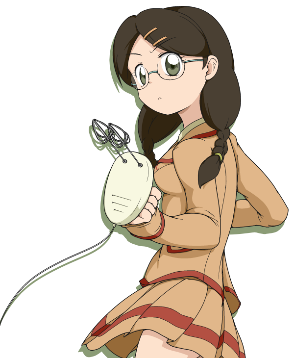 blender, brown_hair, electric_mixer, glasses, green_eyes, hayami_erika, long_hair, robita