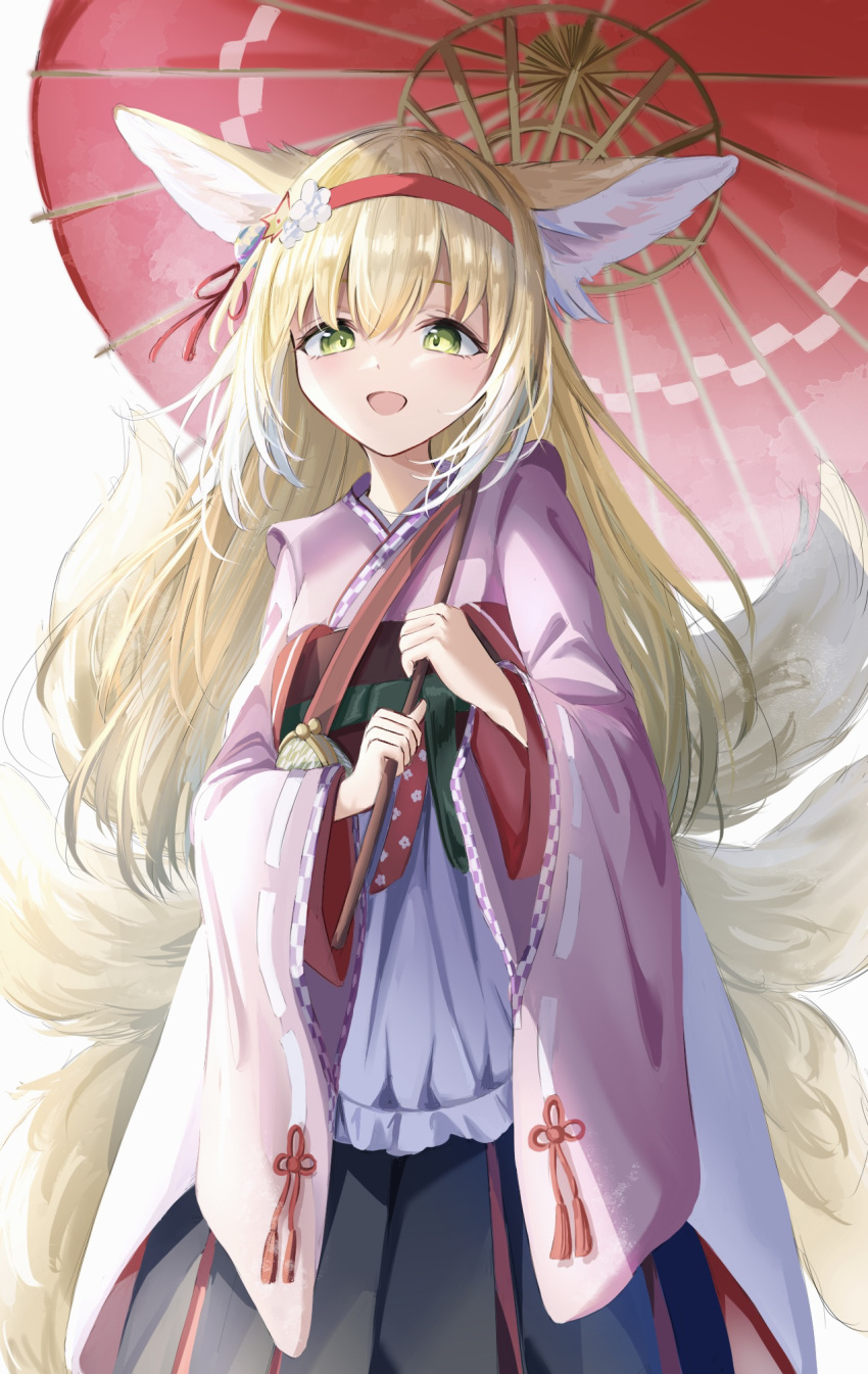 1girl, animal_ear_fluff, animal_ears, apron, arknights, black_hakama, blonde_hair, coin_purse