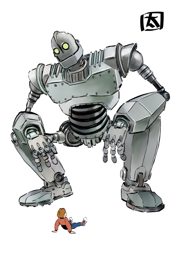 1boy, blue_pants, brown_hair, green_eyes, hogarth_hughes, iron_giant_(mecha), male_focus, mecha