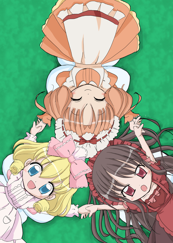 ^_^, apron, black_hair, blonde_hair, blue_eyes, bow, brown_hair, caramel_(yumeiro)