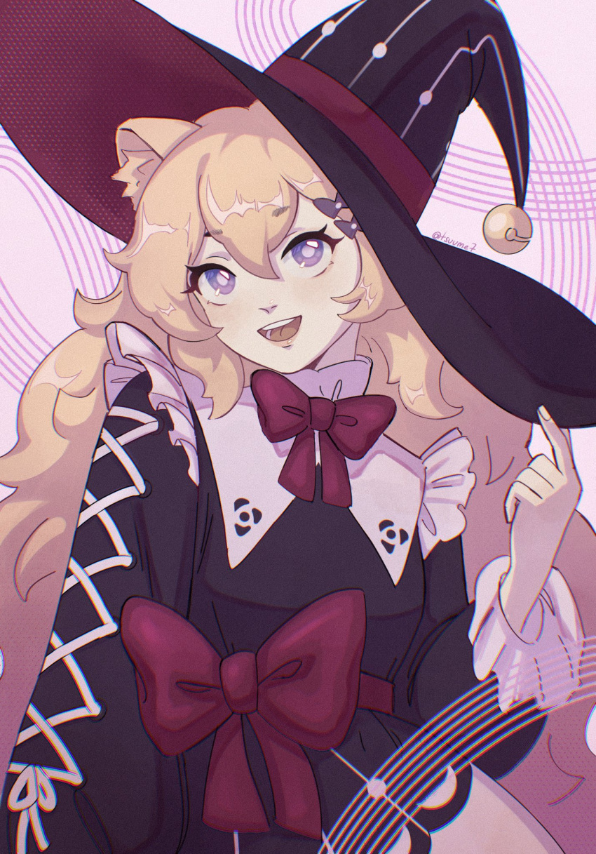 1girl, :d, animal_ear_fluff, animal_ears, bell, black_dress, black_headwear, blonde_hair