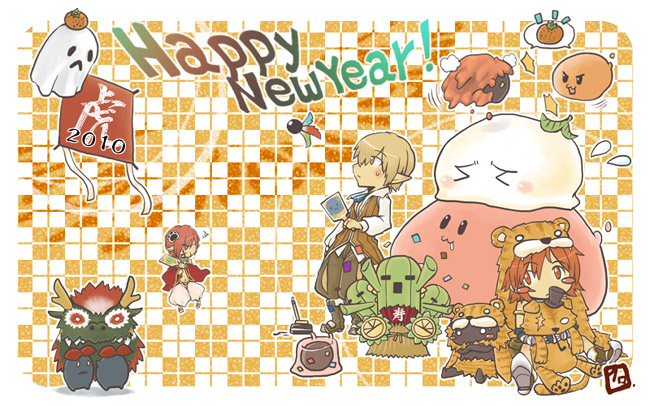 1boy, 2010, 2girls, :3, animal_costume, animal_print, boots, brown_footwear, brown_hair, brown_pants, brown_vest, cactus, character_doll, chibi, chinese_zodiac, closed_mouth, clown_(ragnarok_online), collared_shirt, commentary_request, detached_sleeves, drops_(ragnarok_online), eddga, expressionless, full_body, ghost, gypsy_(ragnarok_online), happy_new_year, holding, holding_paddle, jing_guai, kagami_mochi, magmaring, minorigo_flow, muka_(ragnarok_online), multiple_girls, orange_hair, paddle, pants, pointy_ears, poring, ragnarok_online, red_sleeves, shirt, short_hair, slime_(creature), tiger_costume, tiger_print, vambraces, vanilmirth_(ragnarok_online), vest, whisper_(ragnarok_online), white_shirt, whitesmith_(ragnarok_online), year_of_the_tiger, zhu_po_long