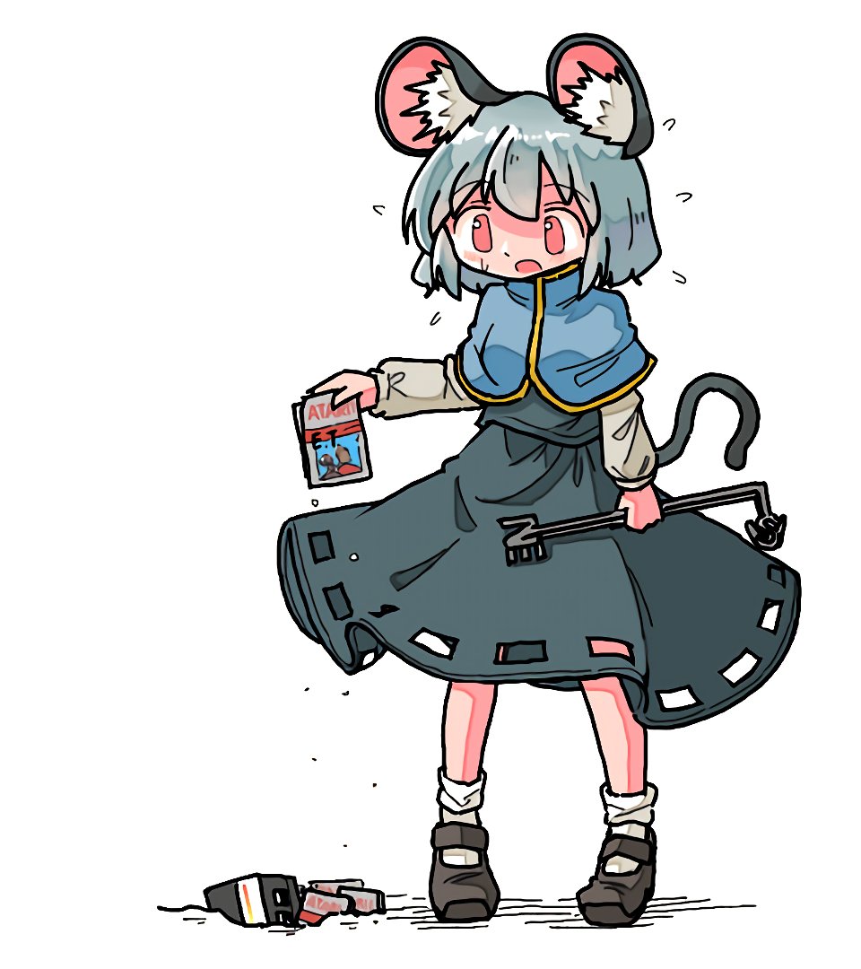 1girl, animal_ears, atari, copyright_request, e.t., game_cartridge, grey_skirt, holding_game_cartridge