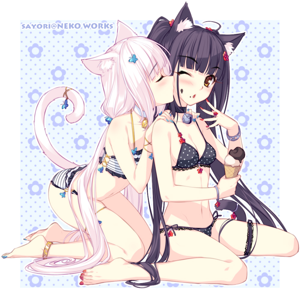 animal_ears, anklet, barefoot, bell, bikini, black_hair, blush, bra