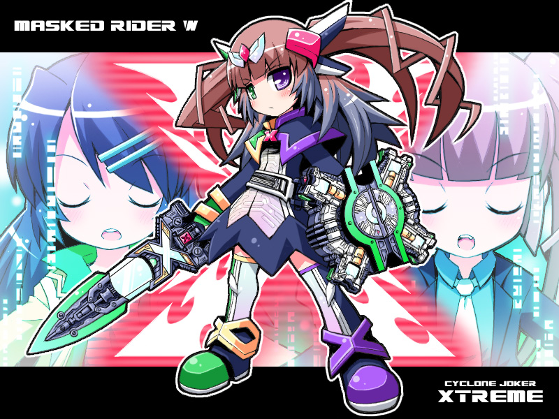 3girls, genderswap, genderswap_(mtf), heterochromia, hidari_shoutarou, kamen_rider, kamen_rider_double, kamen_rider_w