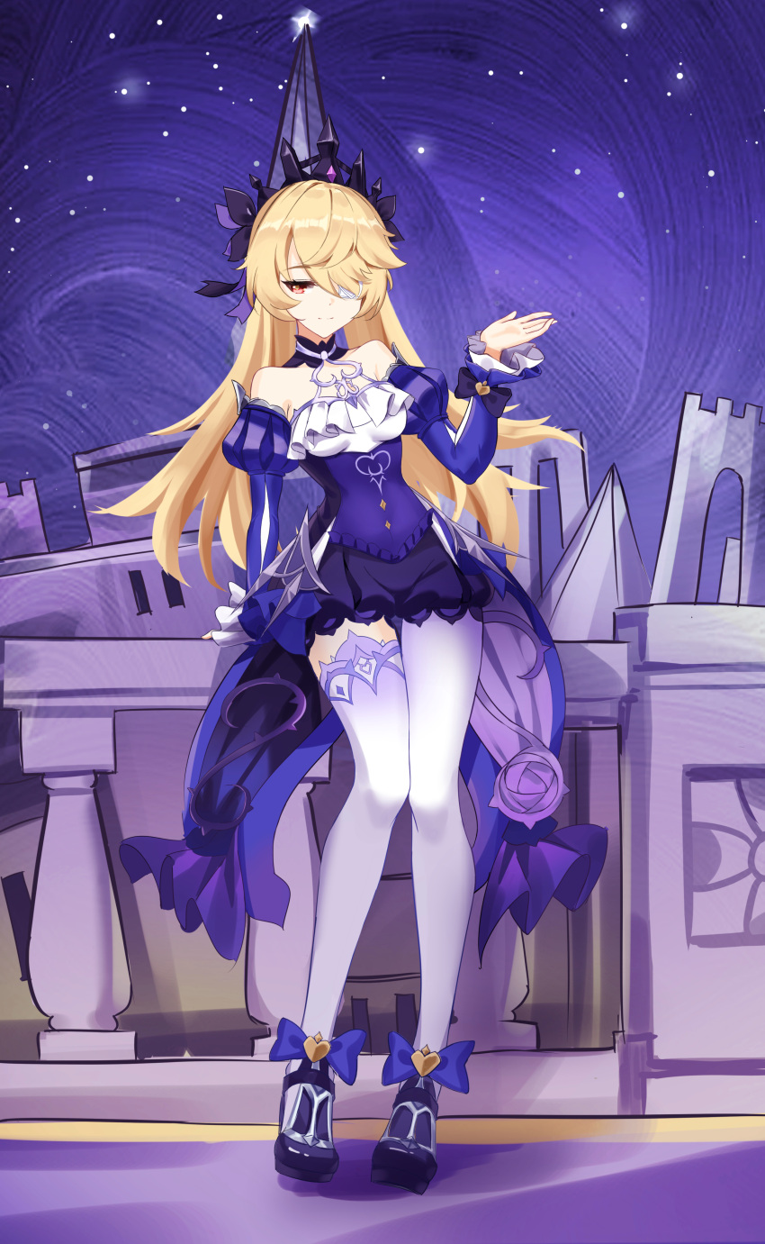 1girl, absurdres, alternate_eye_color, bare_shoulders, blonde_hair, bow, breasts, castle