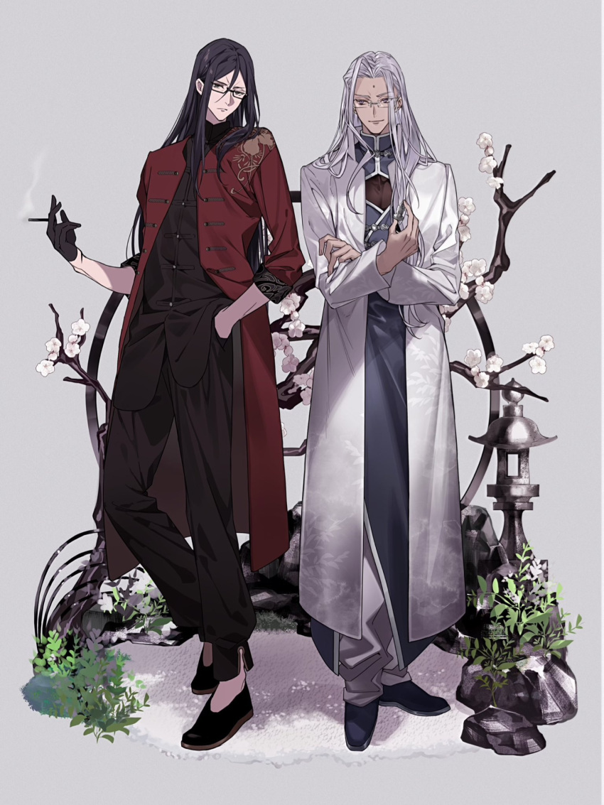 2boys, black_eyes, black_footwear, black_gloves, black_hair, black_jacket, black_pants, blue_robe, branch, changpao, chen_gong_(fate), chen_gong_(turning_of_tides)_(fate), chess_piece, chinese_clothes, cigarette, coat, crossed_arms, dark-skinned_male, dark_skin, facial_mark, fate/grand_order, fate_(series), flats, floral_print, flower, forehead_mark, full_body, furrowed_brow, futaba_hazuki, glasses, gloves, grass, grey_background, half_gloves, hand_in_pocket, highres, holding, holding_chess_piece, holding_cigarette, jacket, light_purple_hair, long_hair, looking_at_another, looking_at_viewer, lord_el-melloi_ii, lord_el-melloi_ii_(turning_of_tides), male_focus, multiple_boys, open_clothes, open_coat, pants, parted_bangs, plum_blossoms, red_coat, robe, rock, sideways_glance, simple_background, smile, smoke, standing, stone_lantern, violet_eyes, waver_velvet, white_coat, white_flower, white_hair, white_pants