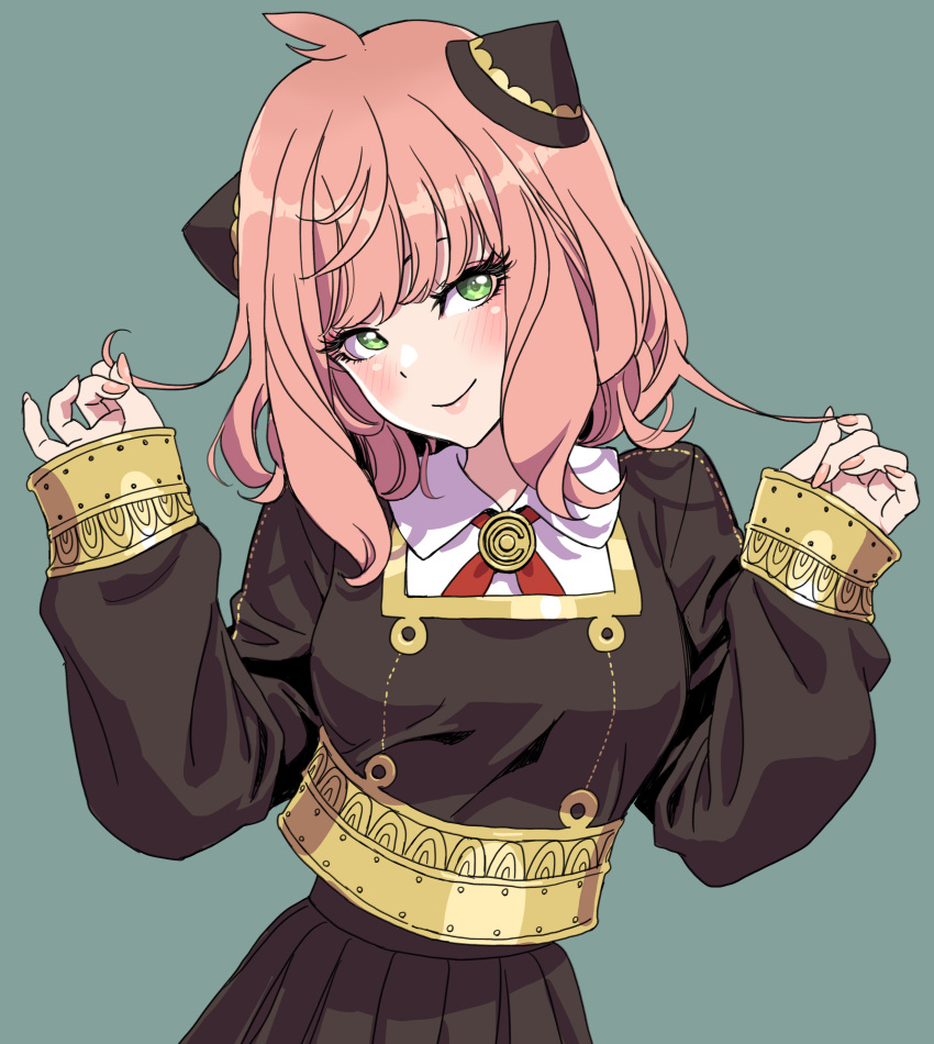 1girl, absurdres, aged_up, ahoge, anya_(spy_x_family), black_jacket, black_skirt, blush