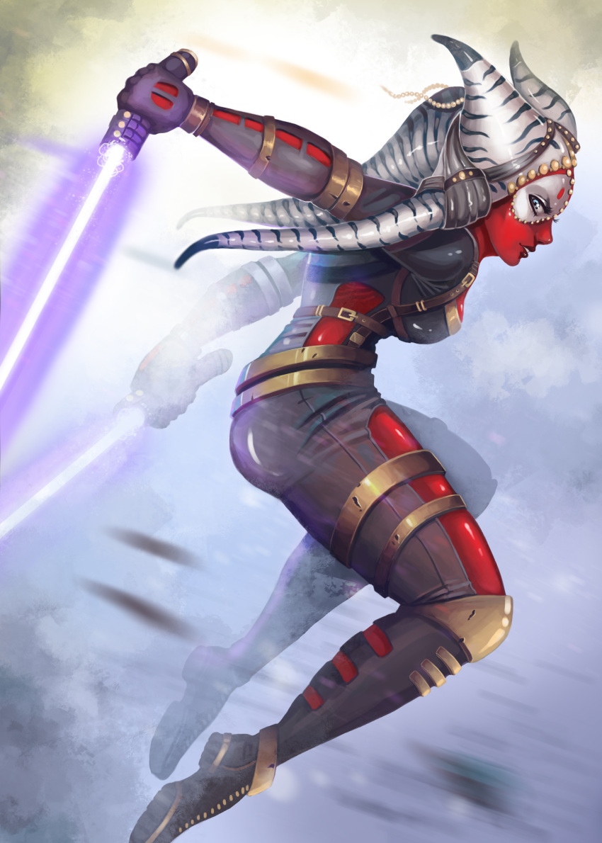 1girl, absurdres, alien, blue_eyes, colored_skin, dual_wielding, from_side, highres