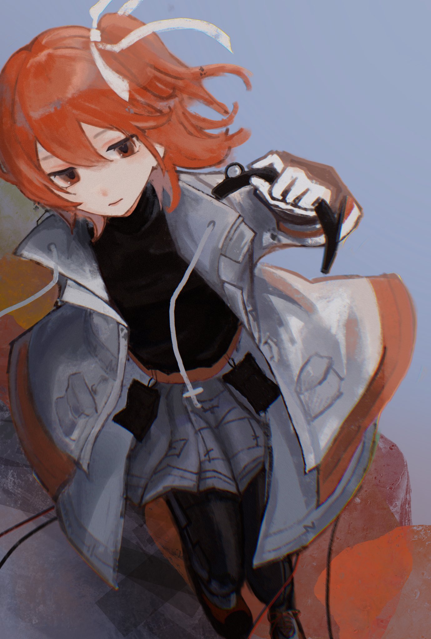 1girl, a.i._voice, adachi_rei, arm_behind_back, belt, belt_pouch, black_leggings, black_shirt