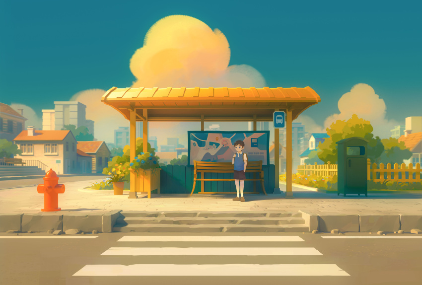 1boy, absurdres, bench, black_shorts, blue_eyes, blue_shirt, brown_footwear, building