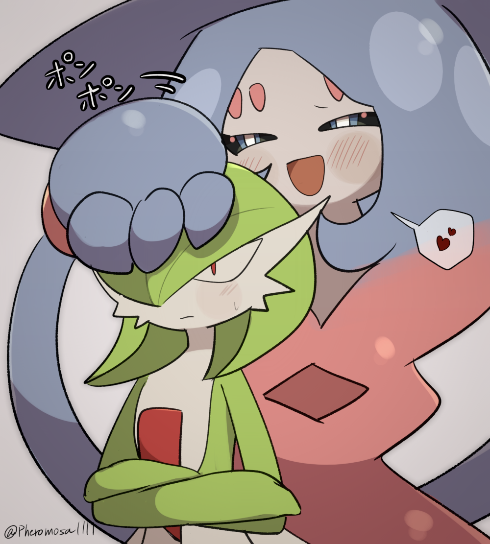 2girls, a-nya, annoyed, black_sclera, blue_eyes, blue_hair, blue_headwear, blush, bob_cut, bright_pupils, closed_mouth, colored_sclera, colored_skin, commentary_request, crossed_arms, flat_chest, gardevoir, green_hair, green_skin, grey_background, grey_skin, hair_over_one_eye, half-closed_eyes, happy, hat, hatterene, headpat, heart, interspecies, light_blush, long_hair, motion_lines, multicolored_hair, multicolored_skin, multiple_girls, one_eye_covered, open_mouth, partial_commentary, pink_hair, pokemon, pokemon_(creature), prehensile_hair, red_eyes, short_hair, sidelocks, simple_background, smile, speech_bubble, spoken_heart, standing, sweat, translation_request, two-tone_hair, two-tone_skin, upper_body, very_long_hair, white_pupils, witch_hat, yuri
