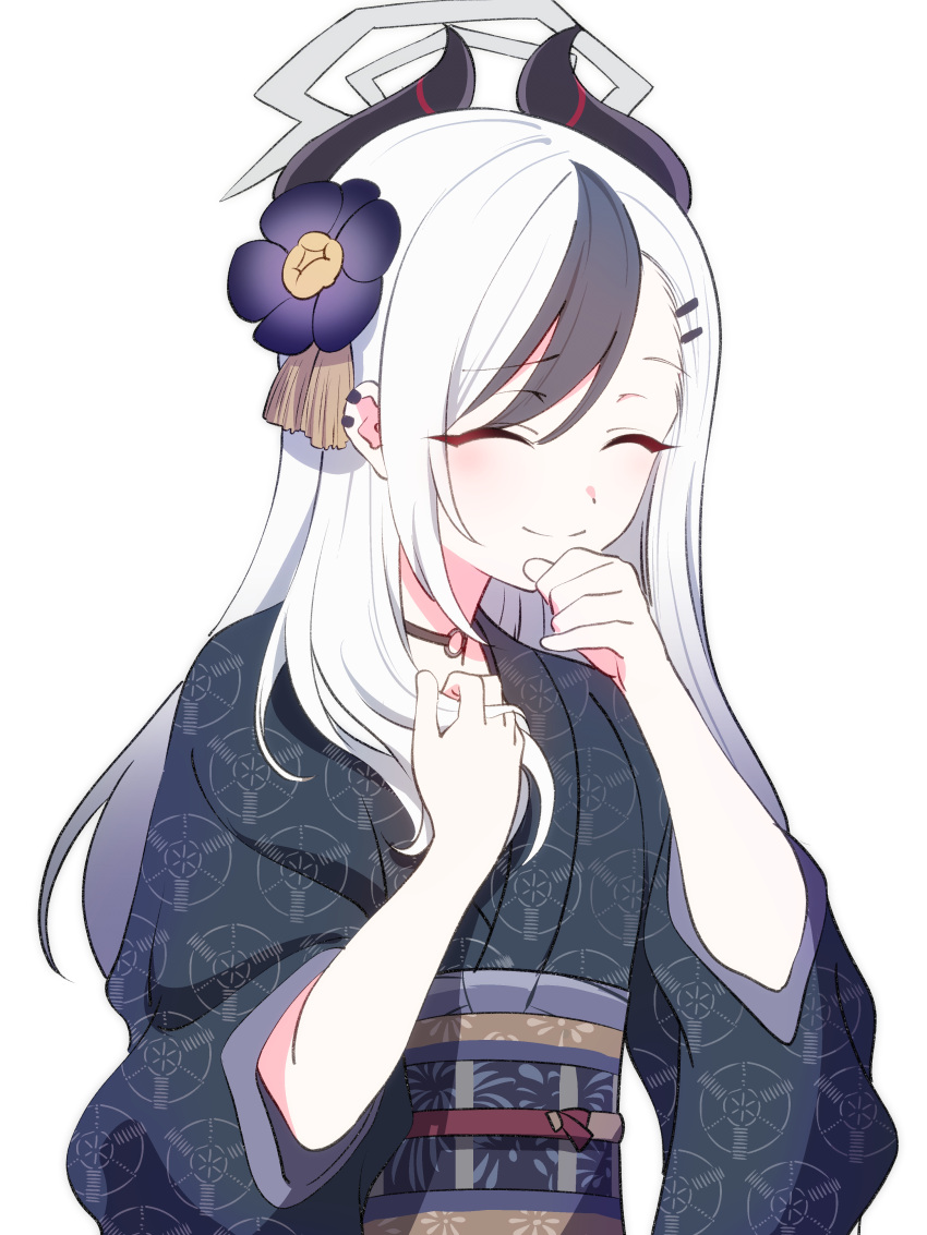 1girl, absurdres, bazz000033, black_hair, blue_archive, choker, closed_eyes, demon_horns
