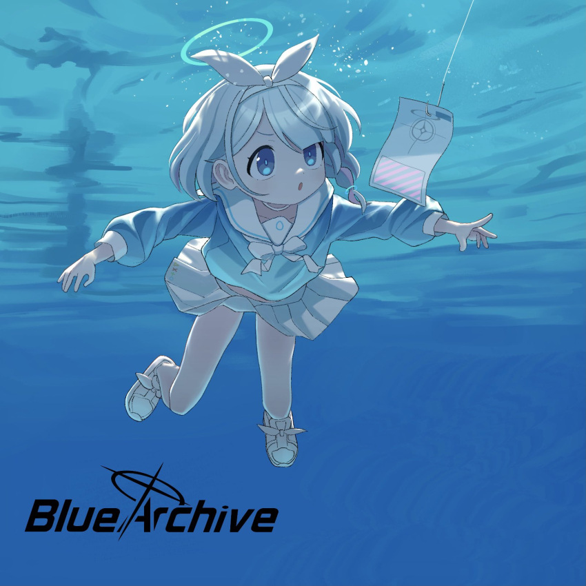 1girl, aqua_hair, arona_(blue_archive), atat250, blue_archive, blue_eyes, blush, braid, choker, copyright_name, fishing_hook, fishing_line, halo, highres, logo, long_sleeves, multicolored_hair, nevermind, nirvana_(band), parody, pink_hair, pleated_skirt, sailor_collar, school_uniform, serafuku, shoes, short_hair, side_braid, skirt, sneakers, solo, swimming, underwater, water, white_choker, white_footwear, white_sailor_collar, white_skirt