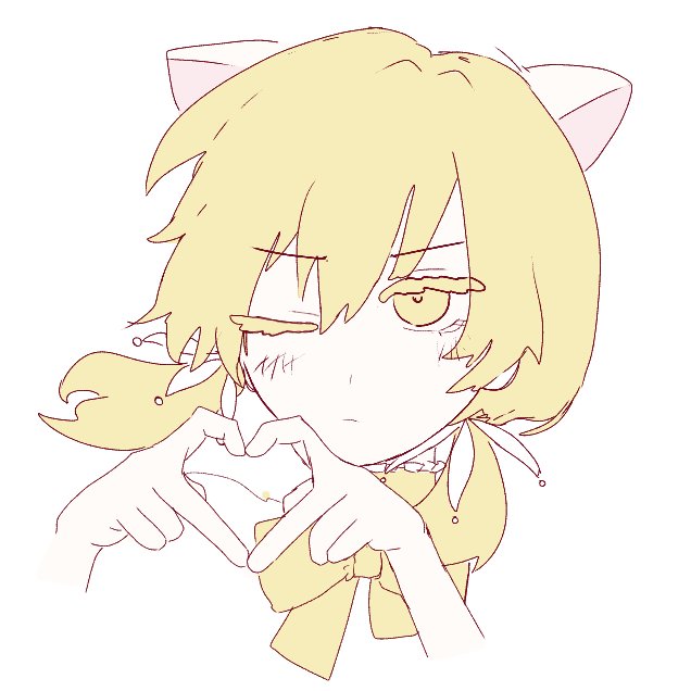 1girl, animal_ears, bow, bowtie, cat_ears, closed_mouth, collar, colored_eyelashes, commentary_request, cropped_shoulders, disembodied_limb, floating_hair, frilled_collar, frills, ganbare_arugi, glaring, golden_number_(vocaloid), hair_tie, hands_up, heart, heart_hands, kemonomimi_mode, light_blush, light_frown, looking_at_viewer, low_twintails, monochrome, one_eye_closed, short_twintails, simple_background, solo, thick_eyelashes, twintails, v-shaped_eyebrows, yellow_theme