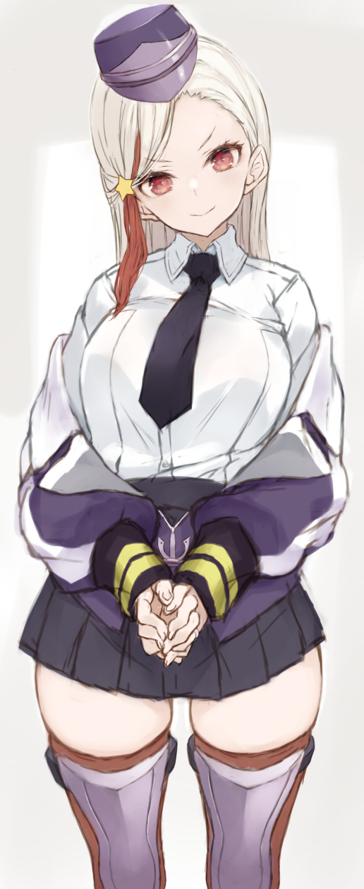 1girl, black_necktie, black_skirt, blonde_hair, breasts, closed_mouth, collared_shirt, commentary