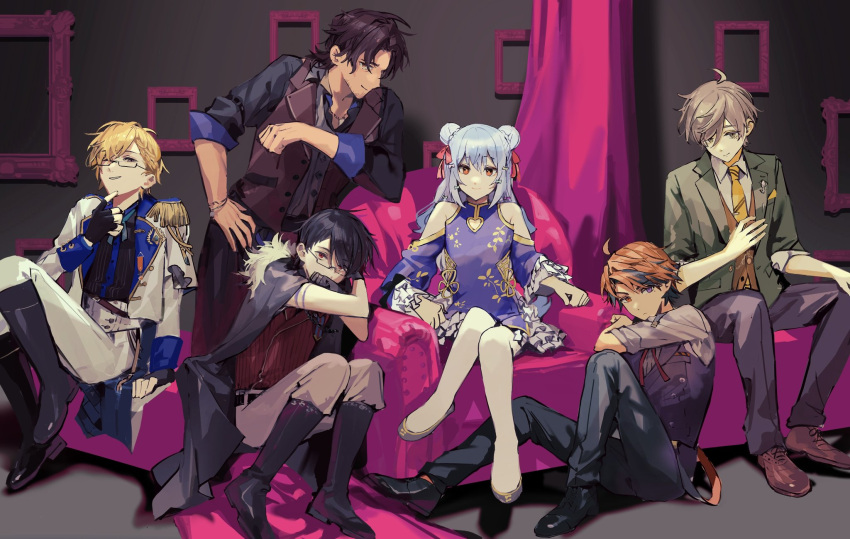 6+boys, ;), ahoge, armchair, arpaccio, belmond_banderas, black_coat, black_footwear