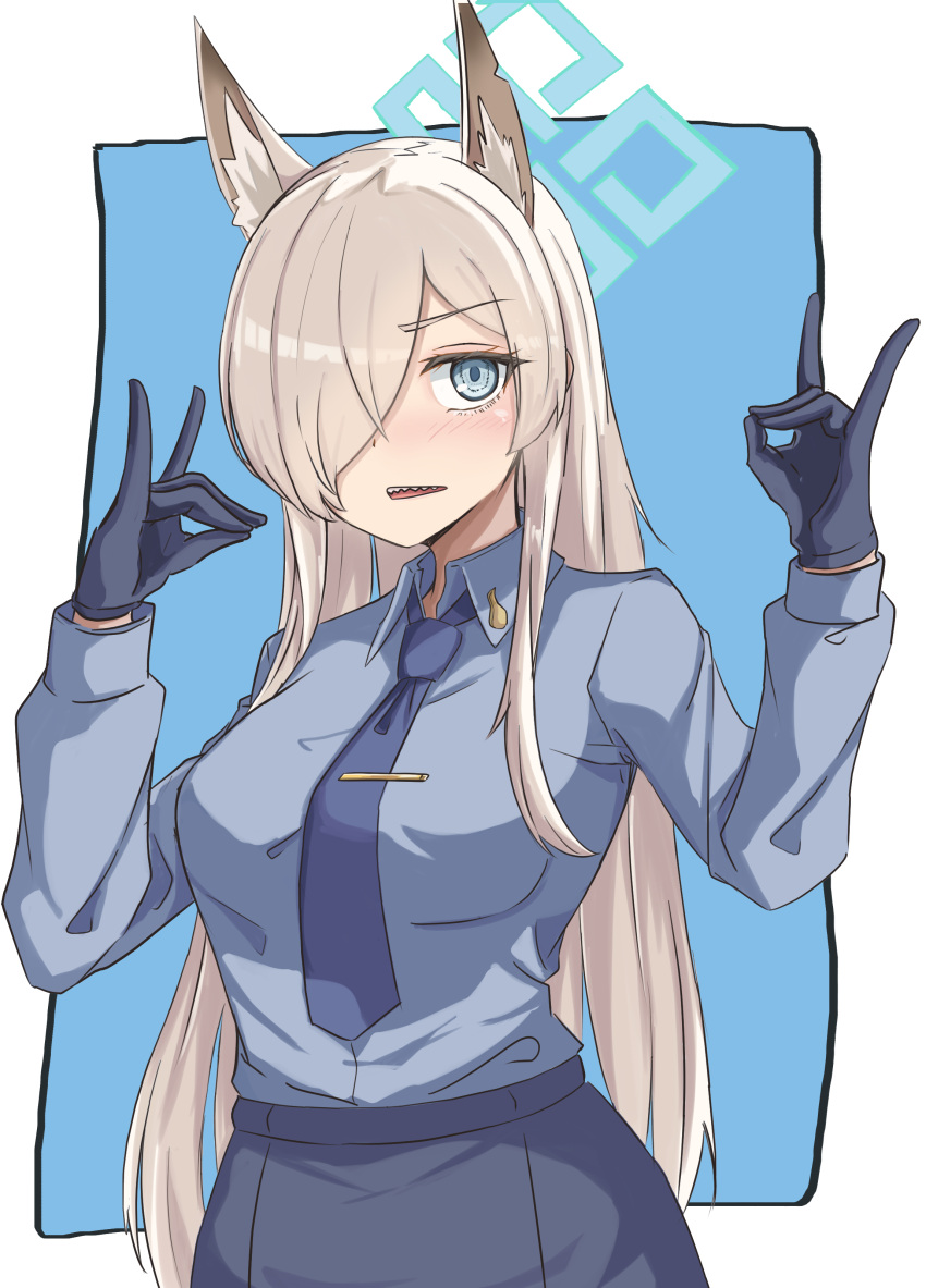 absurdres, animal_ear_fluff, blue_archive, blue_necktie, blue_shirt, extra_ears, fox_shadow_puppet, gloves