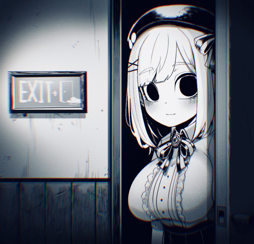 1girl, :3, alternate_costume, asymmetrical_bangs, asymmetrical_hair, beret, black_eyes, black_skirt, blurry, blush, bow, breasts, brooch, buttons, cardigan_removed, center_frills, chromatic_aberration, closed_mouth, collared_shirt, commentary, dark, darkness, door, door_handle, dot_nose, exit_sign, facing_away, film_grain, frilled_shirt, frills, hair_bow, hair_ornament, hat, hat_pin, hatching_(texture), hatyuuruinohito, high-waist_skirt, highres, horror_(theme), jacket, jacket_removed, jewelry, large_breasts, light, looking_at_viewer, looking_to_the_side, medium_hair, monochrome, nijisanji, opening, opening_door, parted_bangs, pleated_skirt, puffy_short_sleeves, puffy_sleeves, raised_eyebrows, shirt, short_sleeves, skirt, smile, solid_circle_pupils, solo, striped, striped_bow, striped_skirt, suzuhara_lulu, sweater_removed, two-tone_bow, virtual_youtuber, wall, white_shirt, wide-eyed, wing_collar, x_hair_ornament