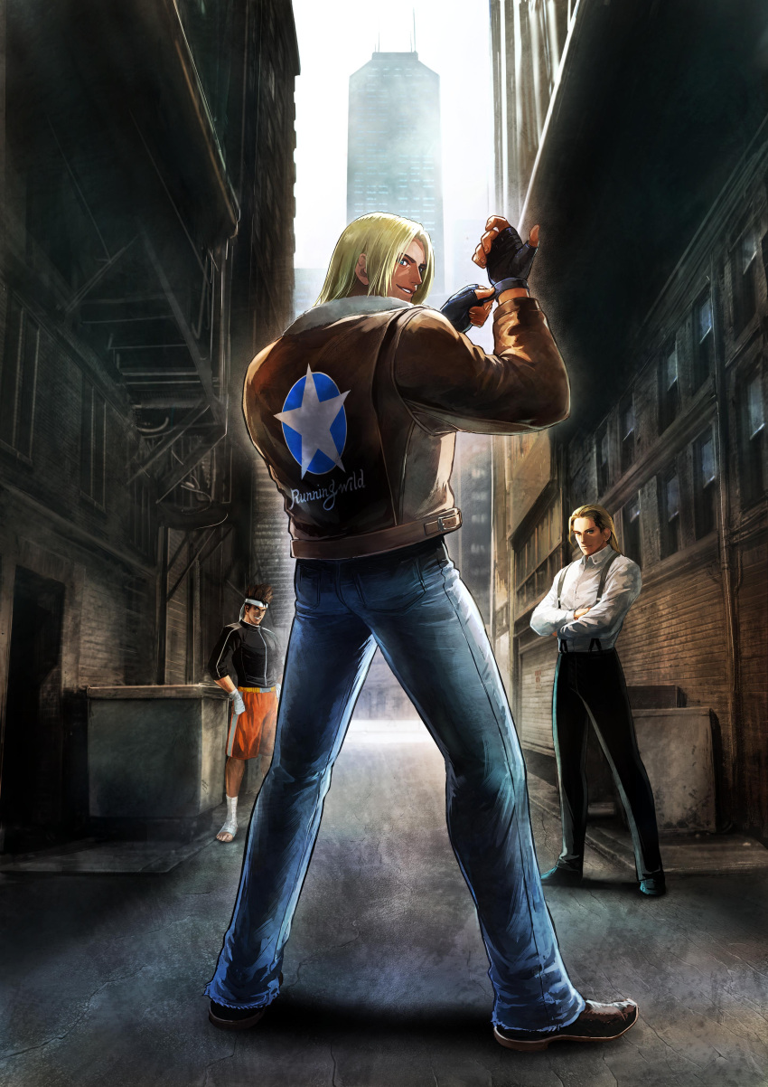 3boys, absurdres, alley, andy_bogard, ankle_wrap, belt, black_pants, blonde_hair