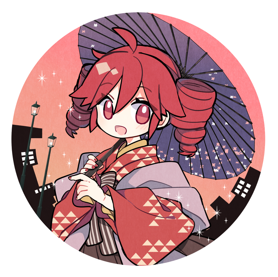 1girl, ahoge, alternate_costume, bow, brown_bow, building, circular_border, commentary_request, drill_hair, gradient_sky, hakama, hakama_skirt, holding, holding_umbrella, japanese_clothes, kasane_teto, kimono, lamppost, layered_clothes, layered_kimono, looking_at_viewer, oil-paper_umbrella, print_kimono, raised_eyebrows, red_eyes, red_kimono, red_nails, redhead, shawl, short_hair, sideways_glance, skirt, sky, smile, solo, sparkle, striped, striped_bow, twin_drills, twintails, umbrella, upper_body, uroko_(pattern), utau, white_background, wide_sleeves, yellow_kimono, yoshiki