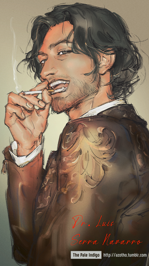 1boy, black_hair, brown_eyes, brown_jacket, character_name, cigarette, dark_skin, english_commentary