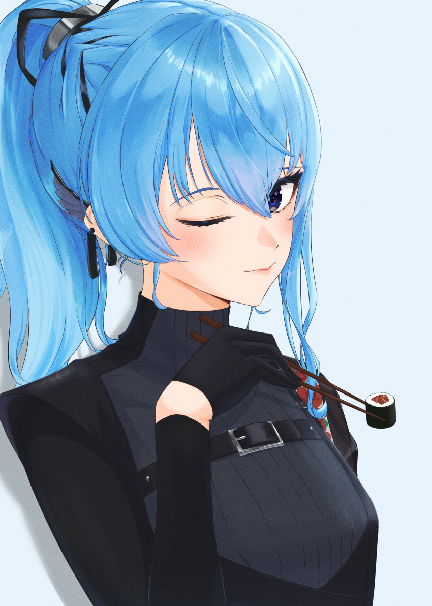 1girl, absurdres, black_shirt, blue_eyes, blue_hair, blush, chopsticks, closed_mouth