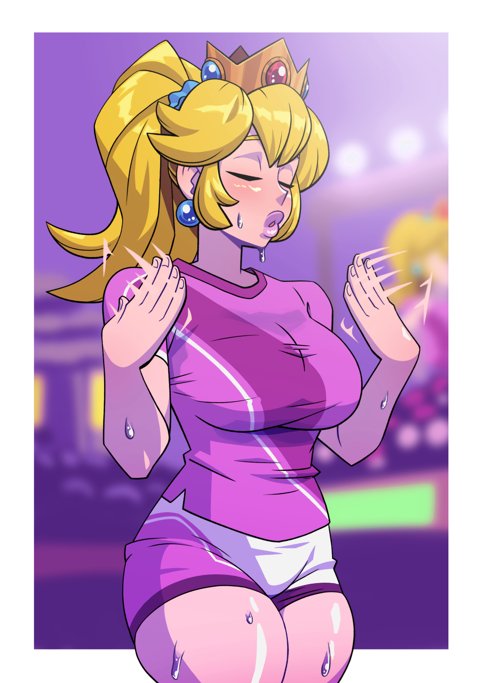 1girl, blonde_hair, blurry, blurry_background, blush, border, breasts, closed_eyes, crown, dripping, fanning_self, gigaslime, hair_ornament, hair_scrunchie, highres, large_breasts, lips, mario, mario_strikers, motion_blur, parted_lips, ponytail, princess_peach, scrunchie, shiny_skin, short_shorts, short_sleeves, shorts, sidelocks, soccer_uniform, sportswear, super_mario_bros., sweat, thick_thighs, thighs, white_border