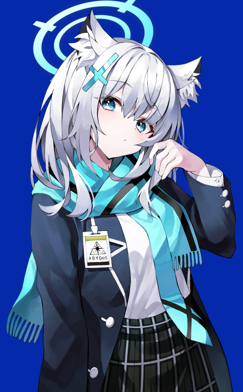 1girl, absurdres, animal_ears, aqua_scarf, blazer, blue_archive, blue_background, blue_eyes