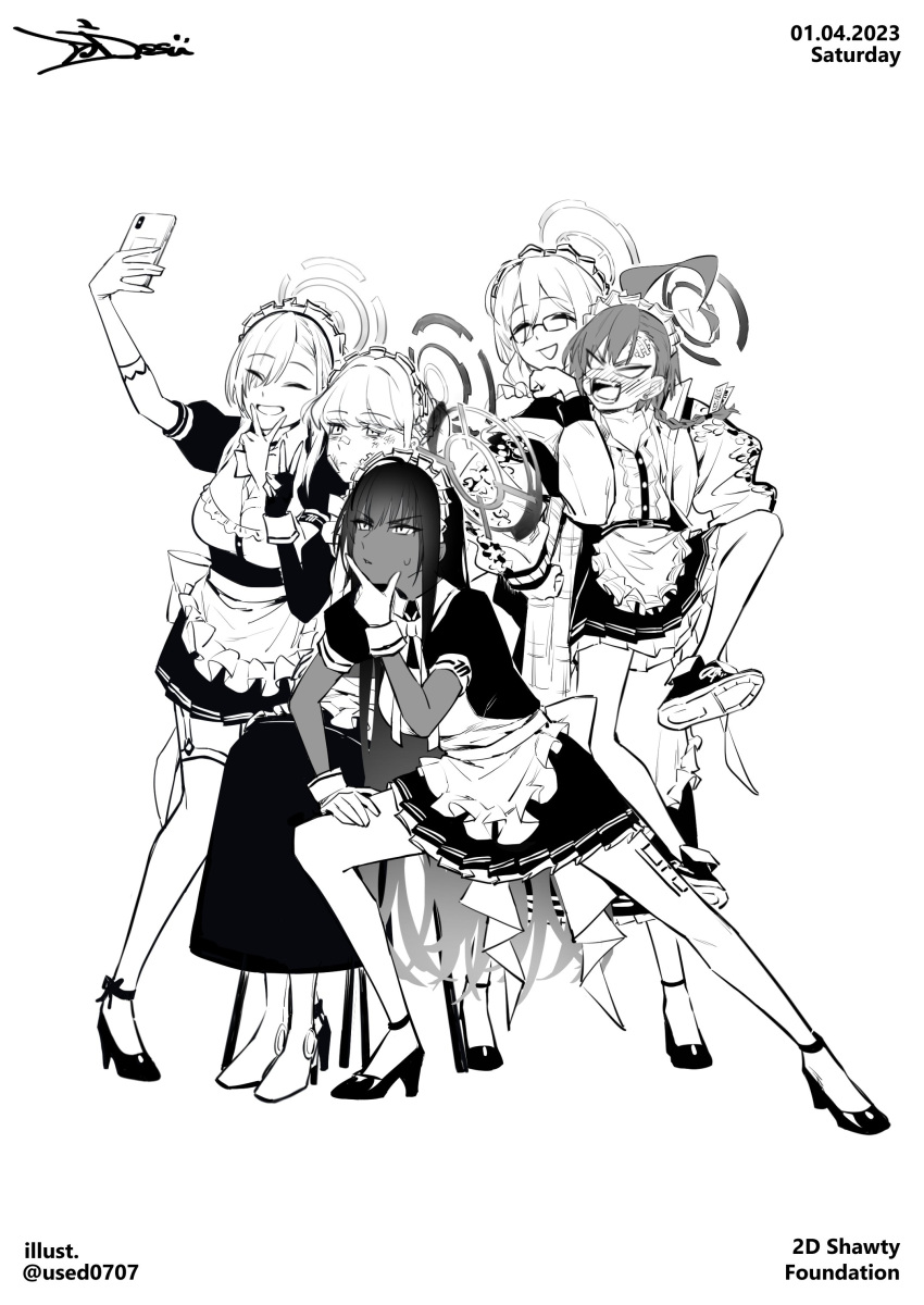 5girls, absurdres, akane_(blue_archive), angry, apron, armlock, asuna_(blue_archive), blue_archive