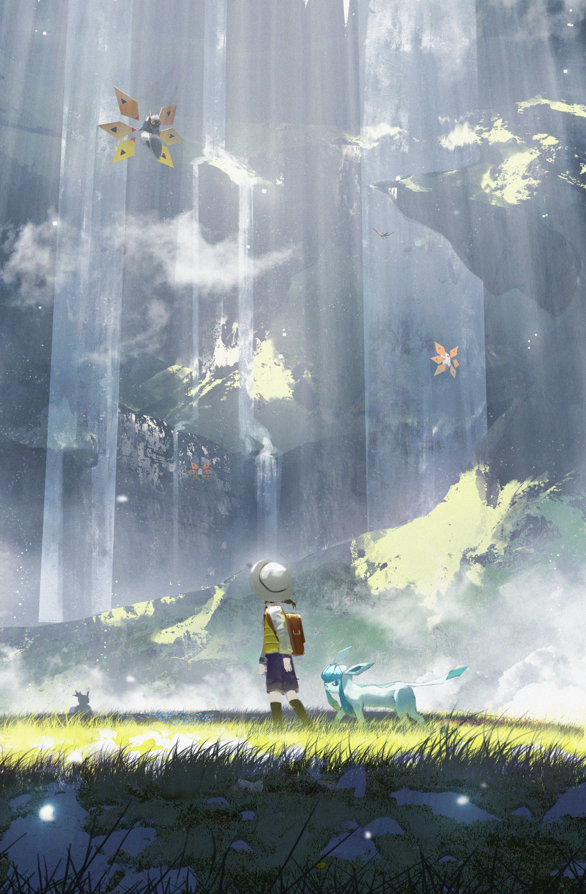 1girl, absurdres, asteroid_ill, backpack, bag, black_socks, blue_fur, blue_shorts
