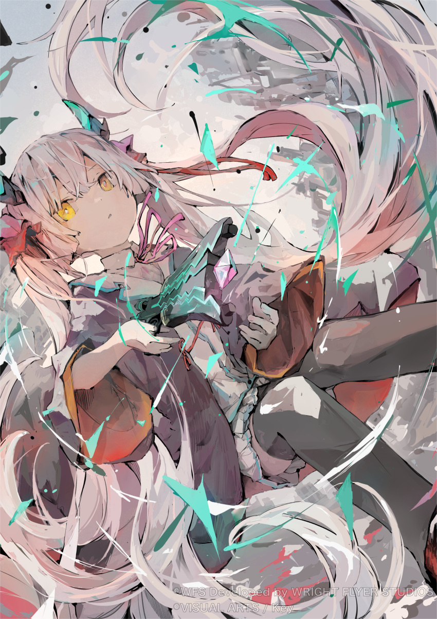 1girl, absurdres, aiamu_iamu, black_thighhighs, gun, handgun, heaven_burns_red, highres, horns, ogasawara_hisame, ribbon, skirt, solo, thigh-highs, twintails, weapon, white_hair, white_skirt, yellow_eyes