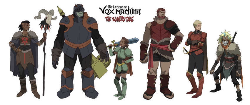 2girls, 4boys, animal_skull, armor, bandaged_leg, bandages, beard, character_request