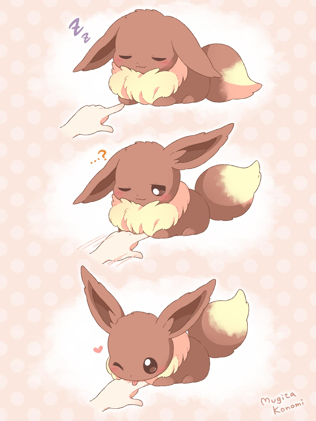 ..., :3, ?, artist_name, brown_eyes, closed_eyes, closed_mouth, disembodied_limb, eevee, fluffy, heart, highres, licking, licking_finger, motion_lines, mugita_konomi, one_eye_closed, pokemon, pokemon_(creature), poking, polka_dot, polka_dot_background, sitting, sleeping, tongue, tongue_out, zzz