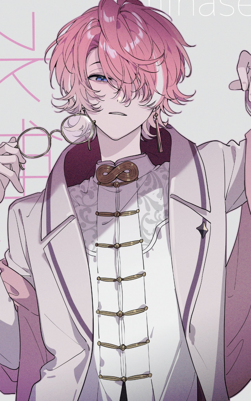 1boy, bishounen, earrings, eyewear_removed, hair_between_eyes, highres, jewelry, keita_kg85, long_sleeves, looking_at_viewer, male_focus, minase_(neo-porte), multicolored_hair, neo-porte, pink_hair, short_hair, single_earring, solo, streaked_hair, tassel, tassel_earrings, violet_eyes, virtual_youtuber, white_hair