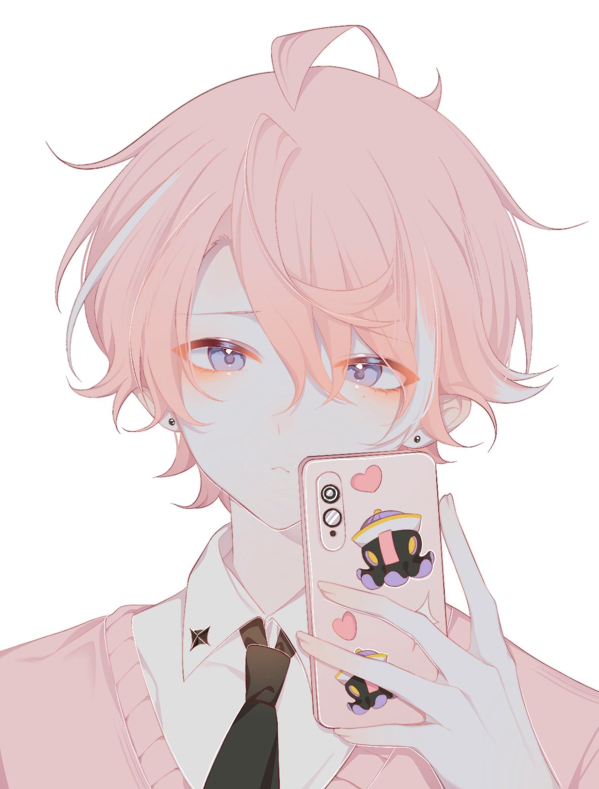 >:(, 1boy, ahoge, bishounen, black_necktie, cardigan, earrings, hair_between_eyes