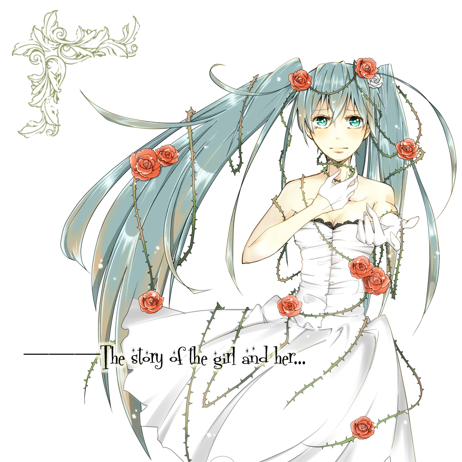 aqua_eyes, aqua_hair, bad_id, bare_shoulders, dress, english, flower, foreshortening