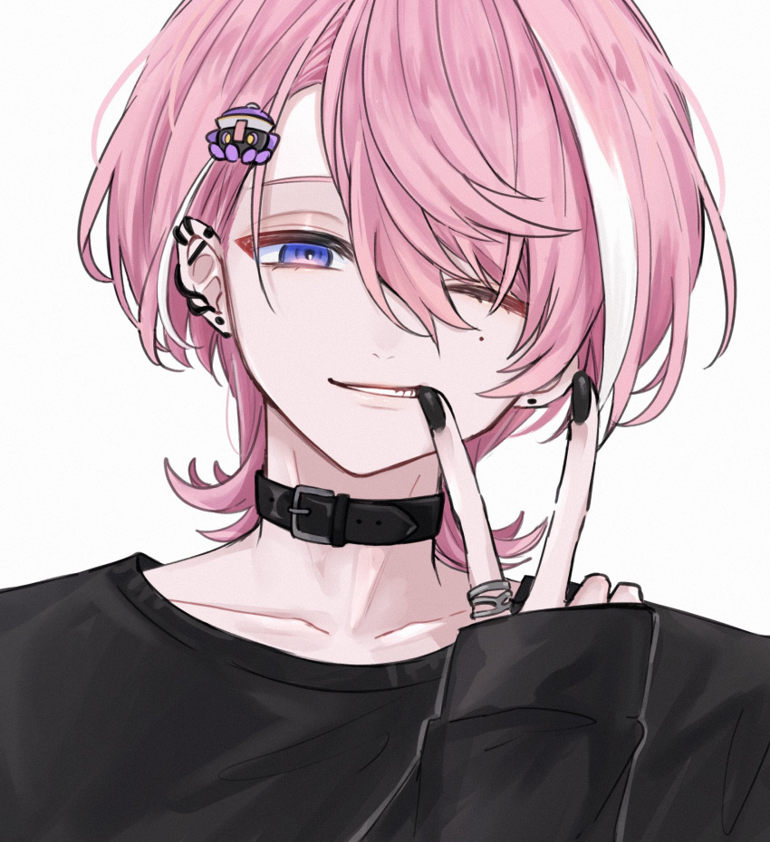 1boy, bishounen, black_nails, black_skirt, ear_piercing, earrings, hair_ornament, hairclip