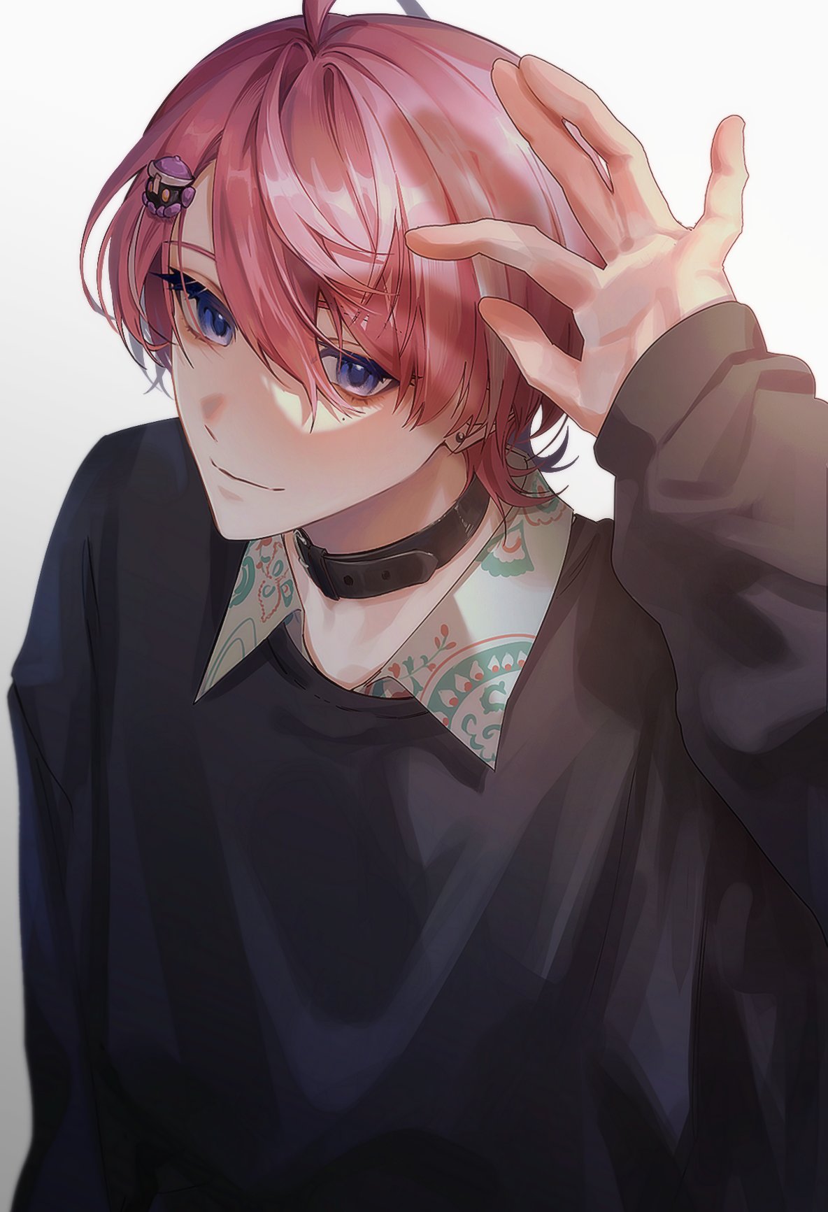 1boy, ahoge, arm_up, bishounen, collared_shirt, hair_ornament, hairclip, highres