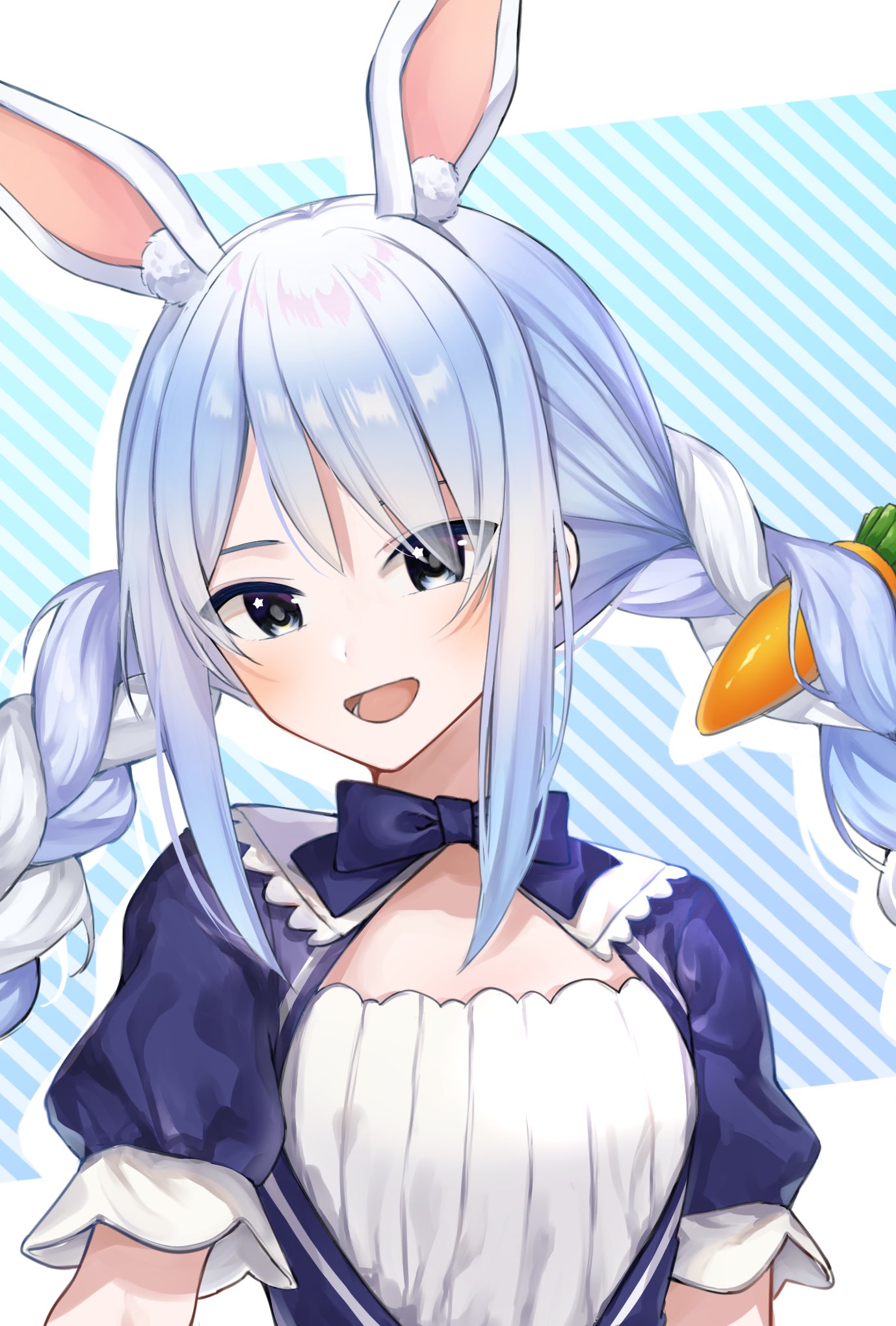 1girl, amakami_konomi_(artist), animal_ear_fluff, animal_ears, blue_bow, blue_bowtie, blue_dress, blue_eyes, blue_hair, bow, bowtie, braid, carrot_hair_ornament, dress, eyes_visible_through_hair, food-themed_hair_ornament, fusion, hair_ornament, highres, hololive, hoshimachi_suisei, long_hair, looking_at_viewer, maid, minato_aqua, multicolored_hair, open_mouth, puffy_short_sleeves, puffy_sleeves, rabbit_ears, rabbit_girl, shirt, short_sleeves, smile, solo, star_(symbol), star_in_eye, symbol_in_eye, twin_braids, two-tone_hair, usada_pekora, virtual_youtuber, white_hair, white_shirt