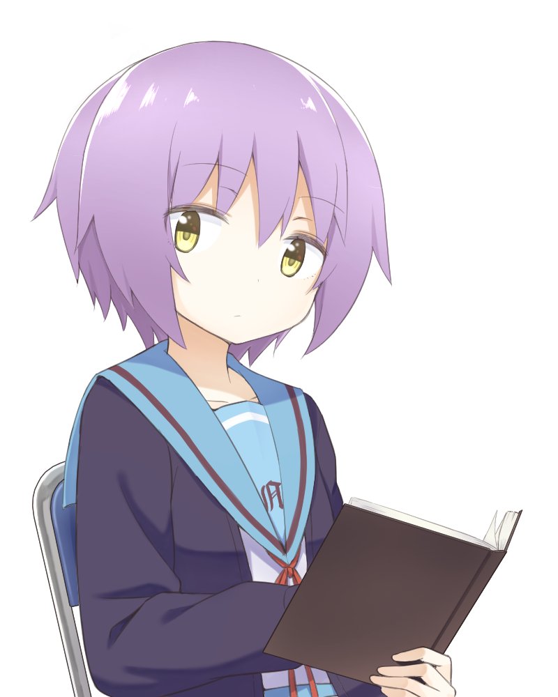 1girl, black_cardigan, blue_sailor_collar, book, cardigan, chair, chintara10, closed_mouth