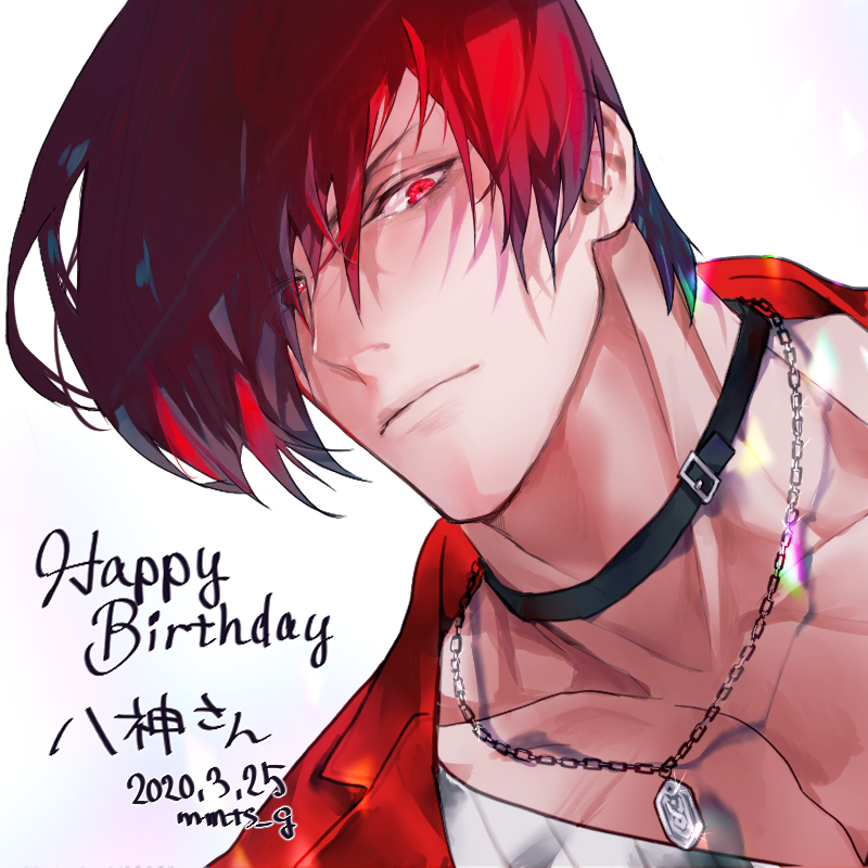 1boy, artist_name, black_choker, chain_necklace, choker, closed_mouth, collarbone, dated