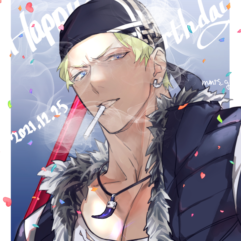 1boy, artist_name, billy_kane, blonde_hair, blue_eyes, cigarette, dated, earrings