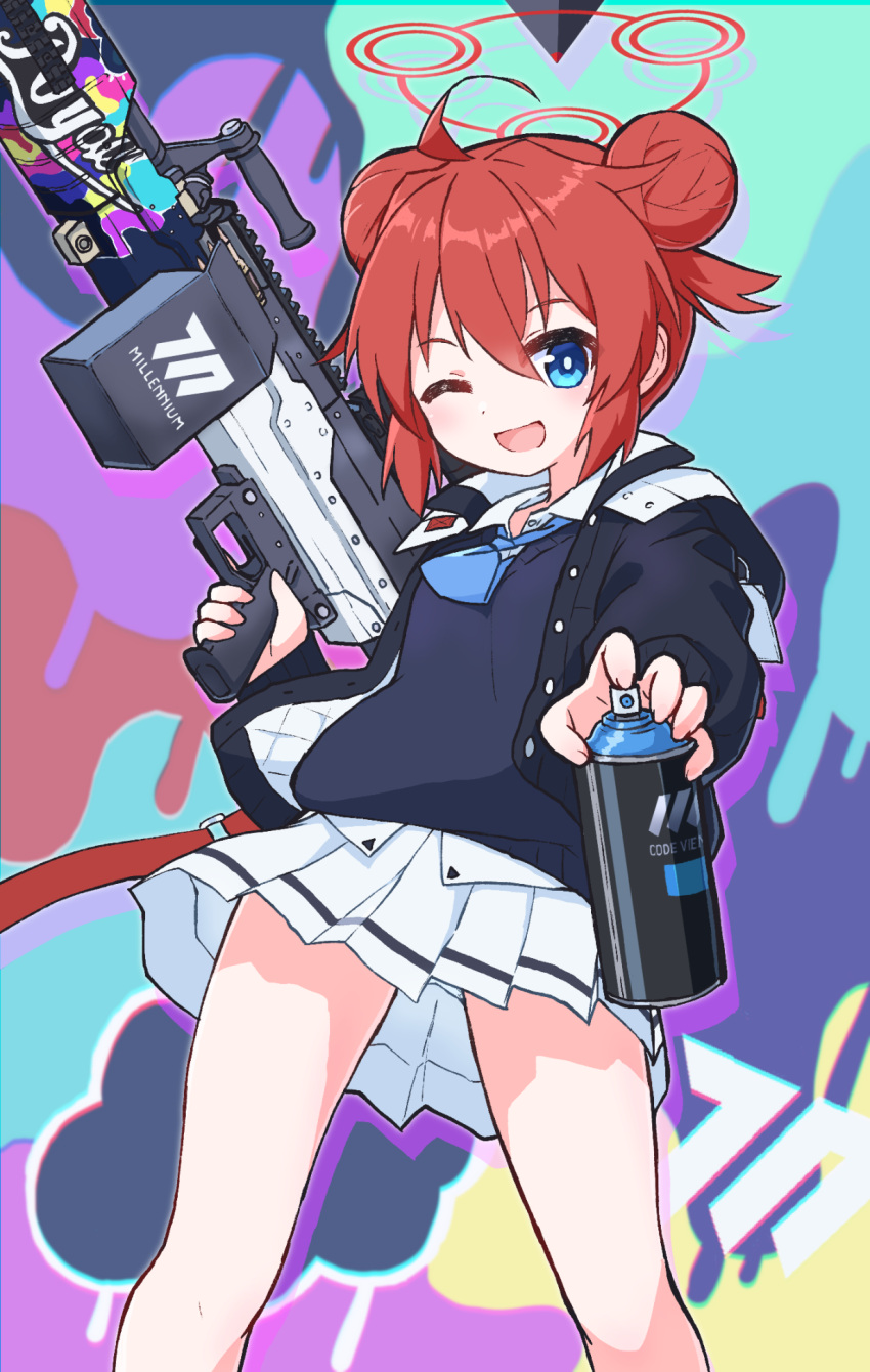 1girl, ;d, black_jacket, black_sweater, blue_archive, blue_eyes, blue_necktie, can