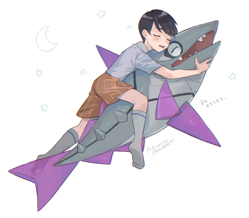 1boy, artist_name, black_hair, blush, closed_eyes, commentary_request, crescent_moon, florian_(pokemon), full_body, hug, kikuyoshi_(tracco), lying, moon, naranja_academy_school_uniform, on_side, open_mouth, orange_shorts, pokemon, pokemon_(creature), pokemon_(game), pokemon_sv, sailor_collar, school_uniform, sharp_teeth, shirt, short_hair, short_sleeves, shorts, simple_background, sleeping, socks, star_(symbol), swept_bangs, teeth, translation_request, veluza, white_background, white_shirt, white_socks