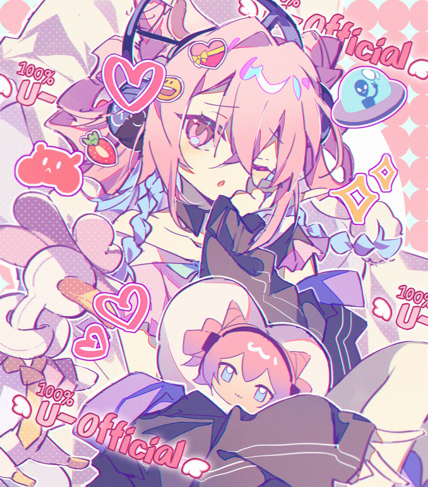 1girl, ;o, animal_ears, arknights, black_jacket, blue_eyes, braid, eureka_(arknights), food, fruit, hair_intakes, headphones, heart, highres, implied_extra_ears, jacket, looking_at_viewer, one_eye_closed, open_mouth, pink_eyes, pink_hair, sen_(5710265), solo, strawberry, ufo